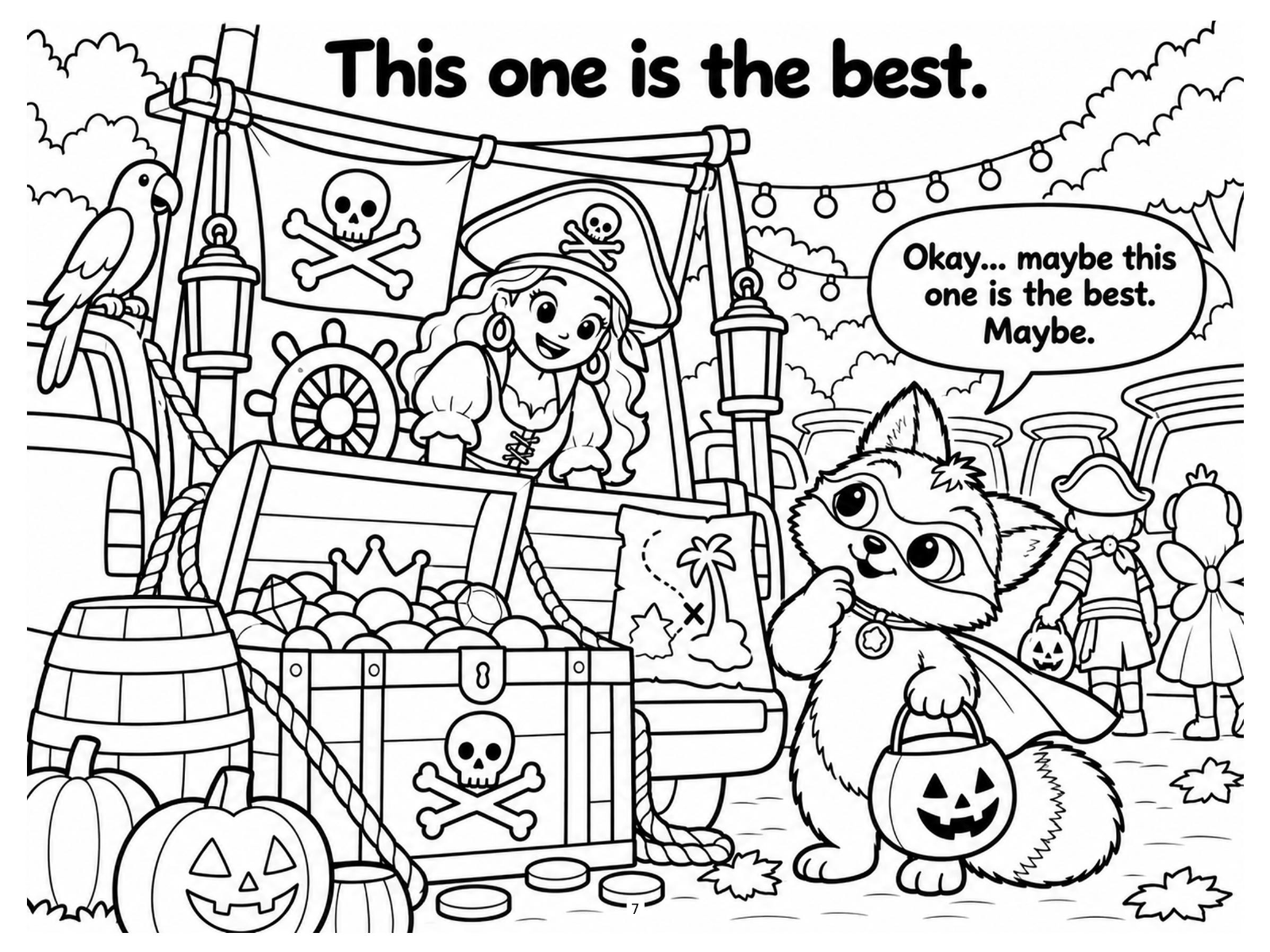 Black-and-white pirate ship trunk coloring page from Renn's Trunk-or-Treat collection: a pirate captain waves from a ship's wheel while Renn decides which trunk is best.