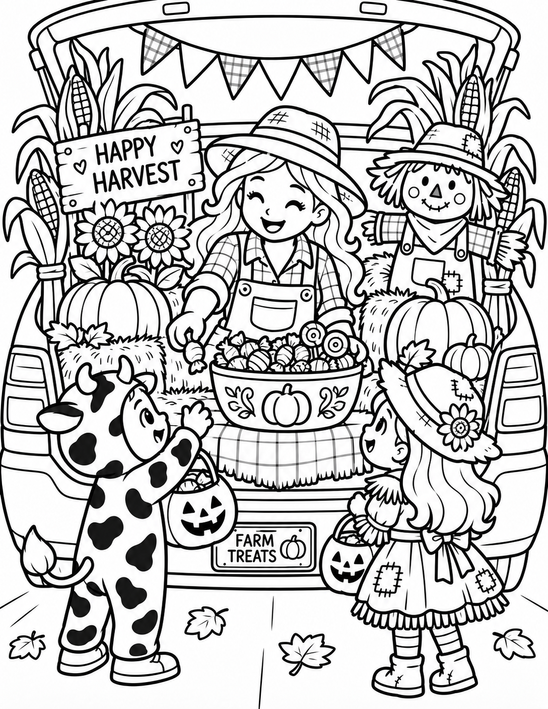 Black-and-white happy harvest farm trunk coloring page from Renn's Trunk-or-Treat Coloring & Activity collection: a farmer, a scarecrow and pumpkins welcome kids to the Happy Harvest trunk.