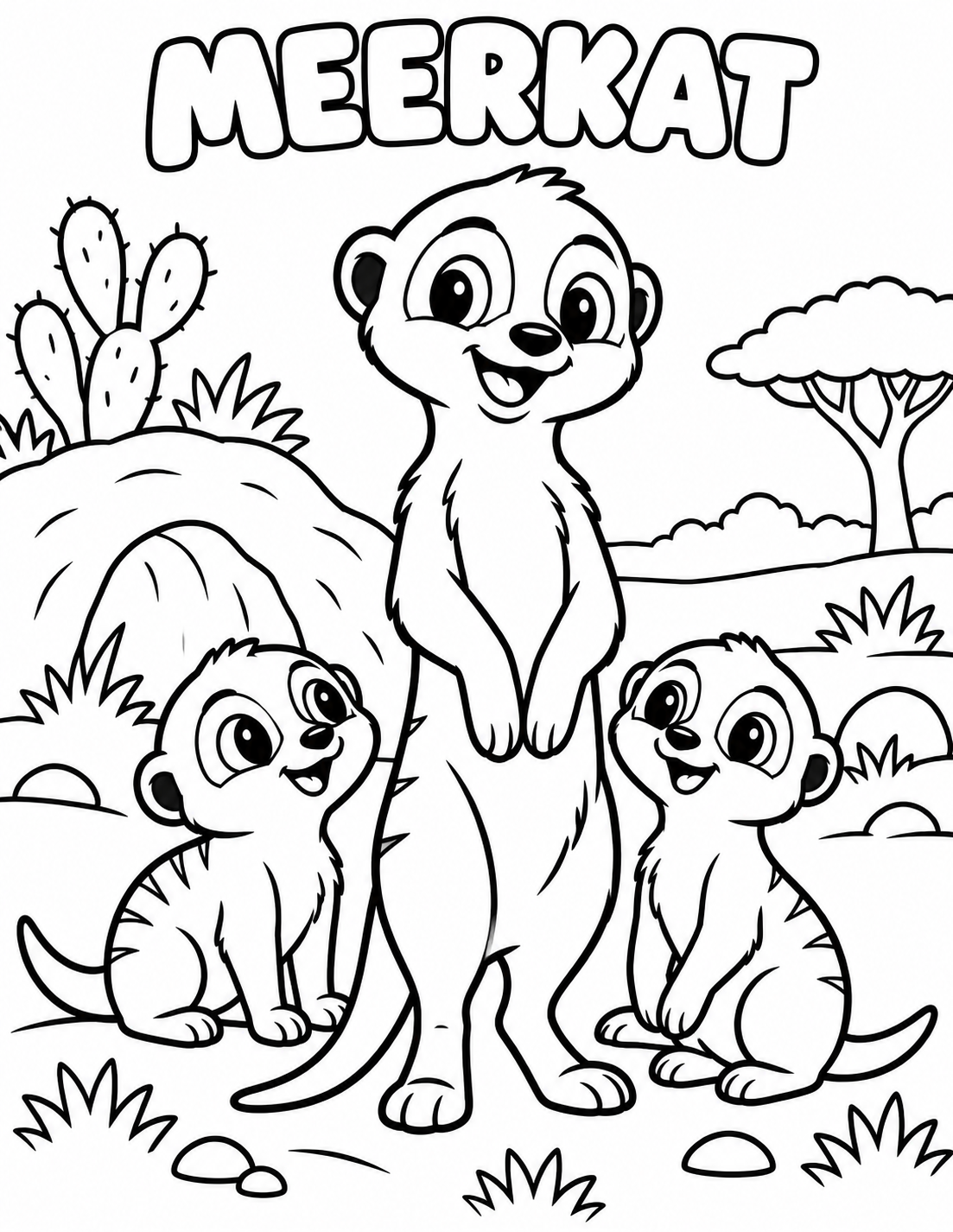 Black-and-white meerkat coloring page from Renn's Zoo Animals collection: a family of meerkats stands on lookout by their burrow.