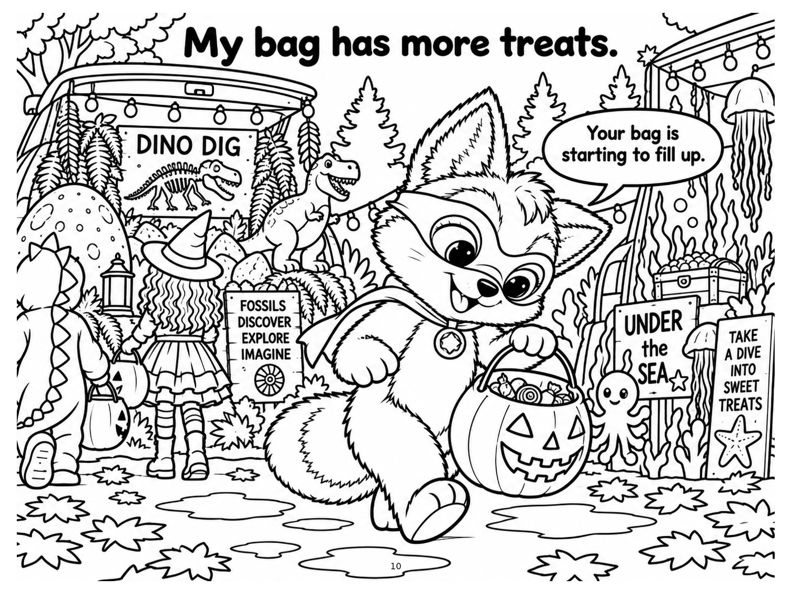 Black-and-white dino dig treats coloring page from Renn's Trunk-or-Treat collection: Renn's bucket starts to fill up beside fossils and an Under the Sea sign.