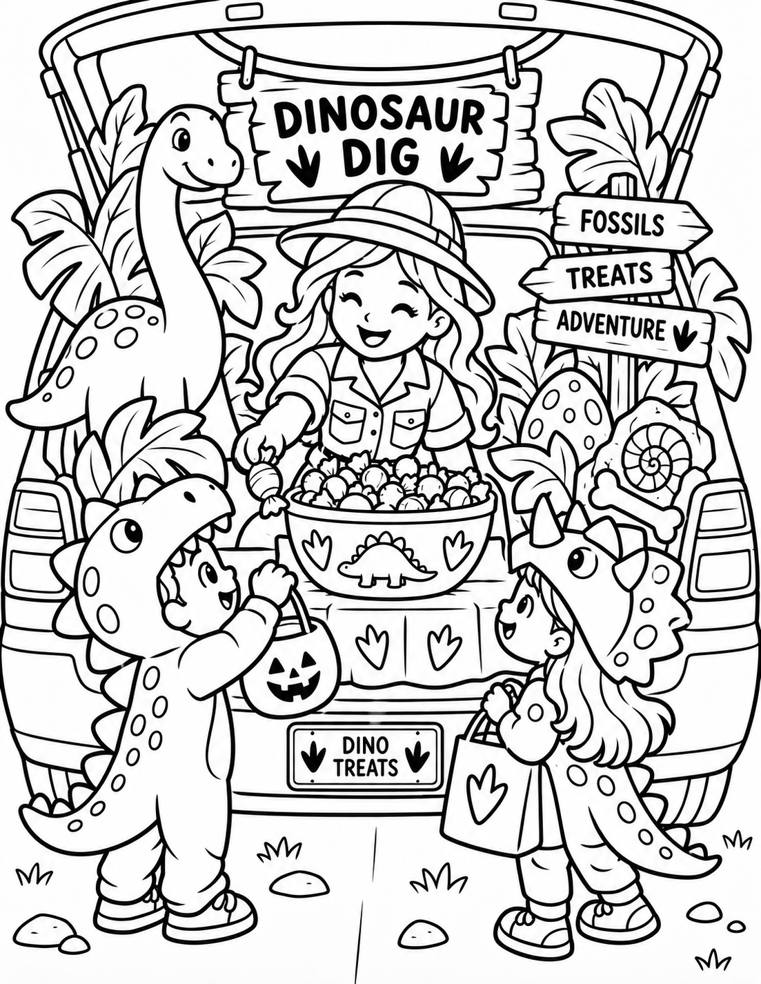 Black-and-white dinosaur dig trunk coloring page from Renn's Trunk-or-Treat Coloring & Activity collection: an explorer hands out Dino Treats among fossils, ferns and a friendly dinosaur.