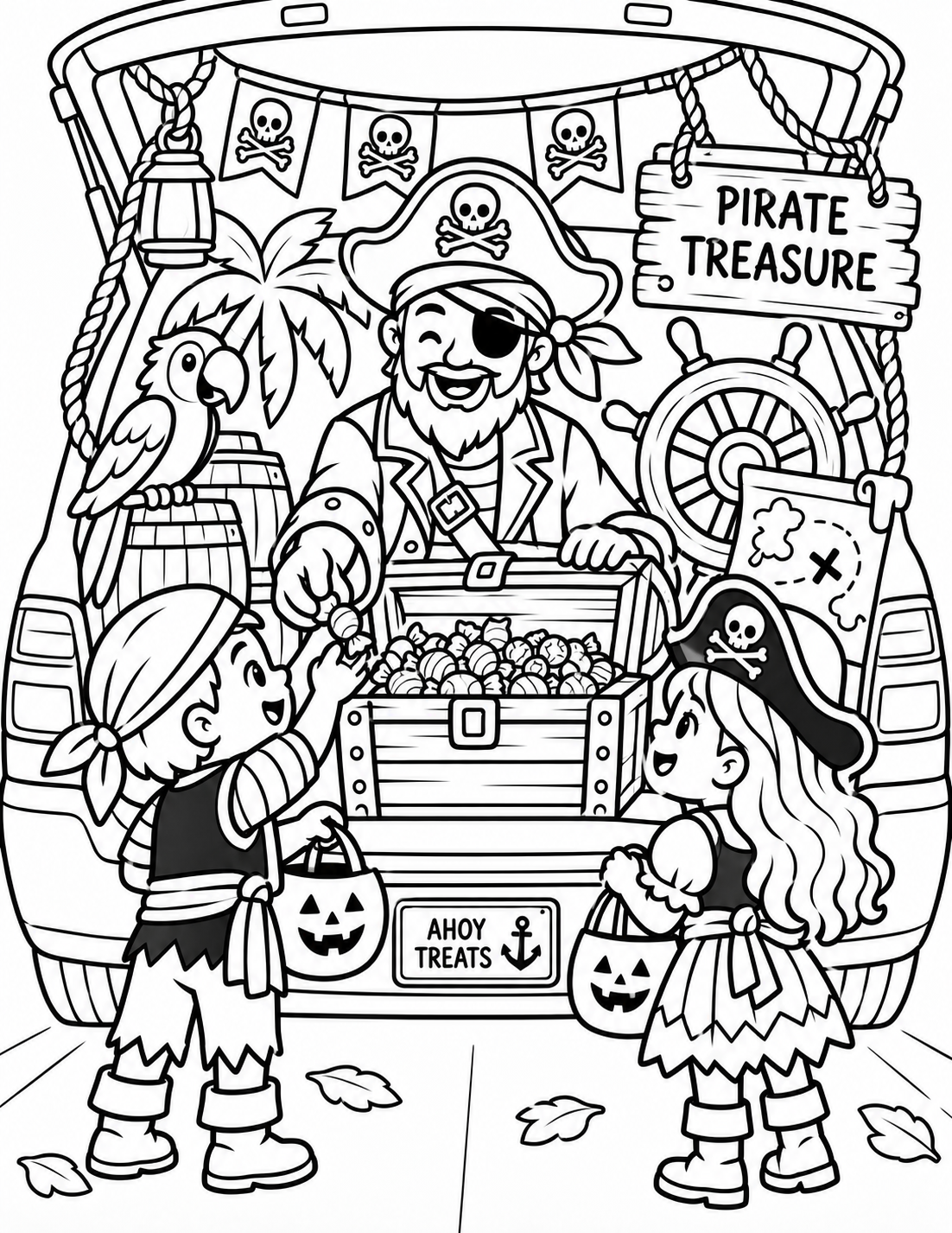 Black-and-white pirate treasure trunk coloring page from Renn's Trunk-or-Treat Coloring & Activity collection: a pirate captain and parrot share treasure from a chest of treats.