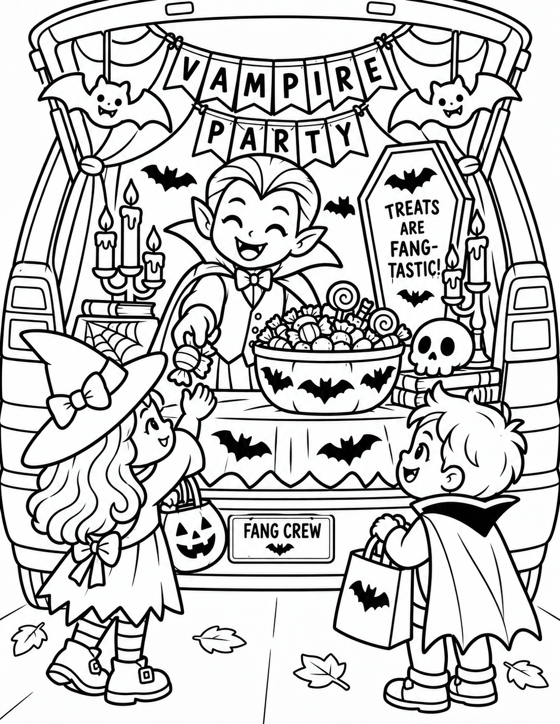 Black-and-white vampire party trunk coloring page from Renn's Trunk-or-Treat Coloring & Activity collection: a friendly vampire throws a Vampire Party with bats and Fang Crew treats.
