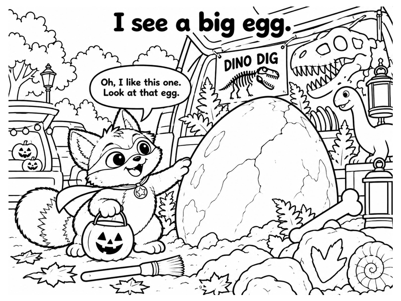 Black-and-white giant dinosaur egg coloring page from Renn's Trunk-or-Treat collection: Renn finds a huge cracked egg resting in the sand at the Dino Dig.