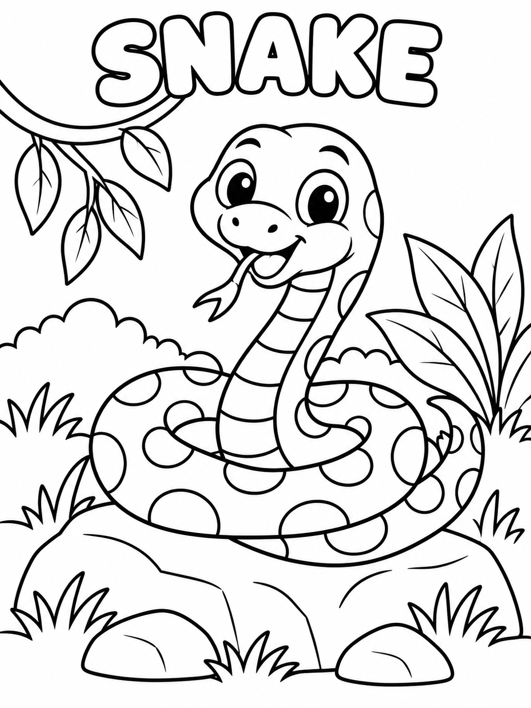Black-and-white snake coloring page from Renn's Zoo Animals collection: a friendly coiled snake smiles on a rock.
