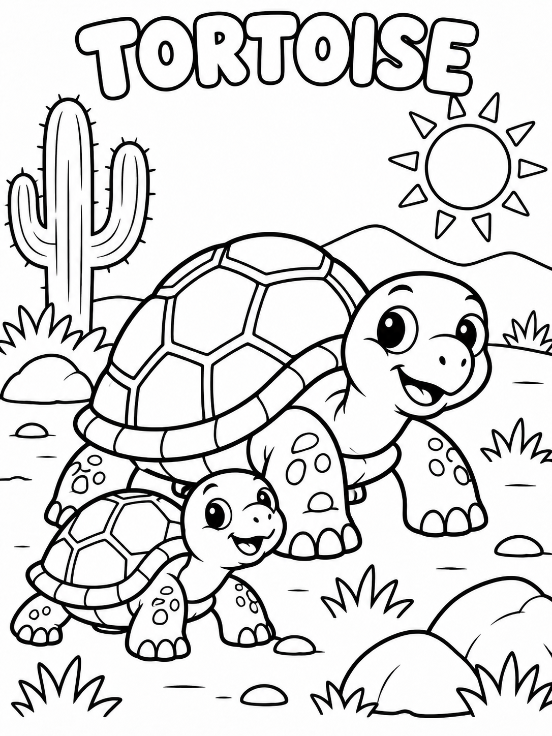 Black-and-white tortoise coloring page from Renn's Zoo Animals collection: a tortoise and little one walk in the warm desert sun.